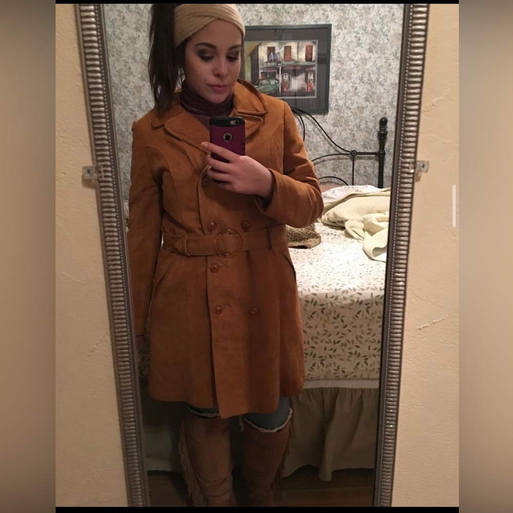 Vintage Genuine Suede (leather) Pea/Trench coat in a mustard/brown